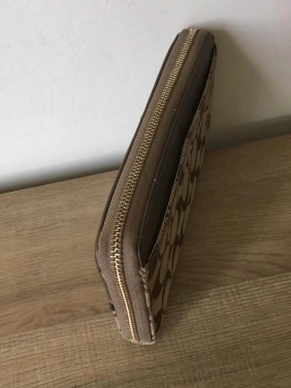 Coach Signature Zip Wallet in Tan with Pink Accent